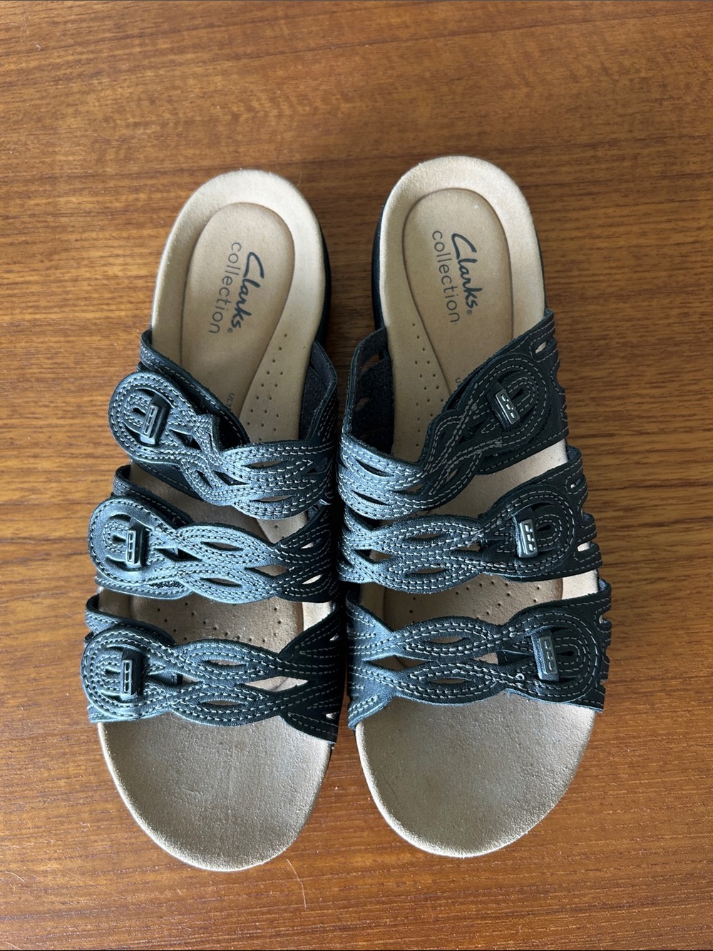 Clarks Black Braided Multi-Strap Slide Sandals